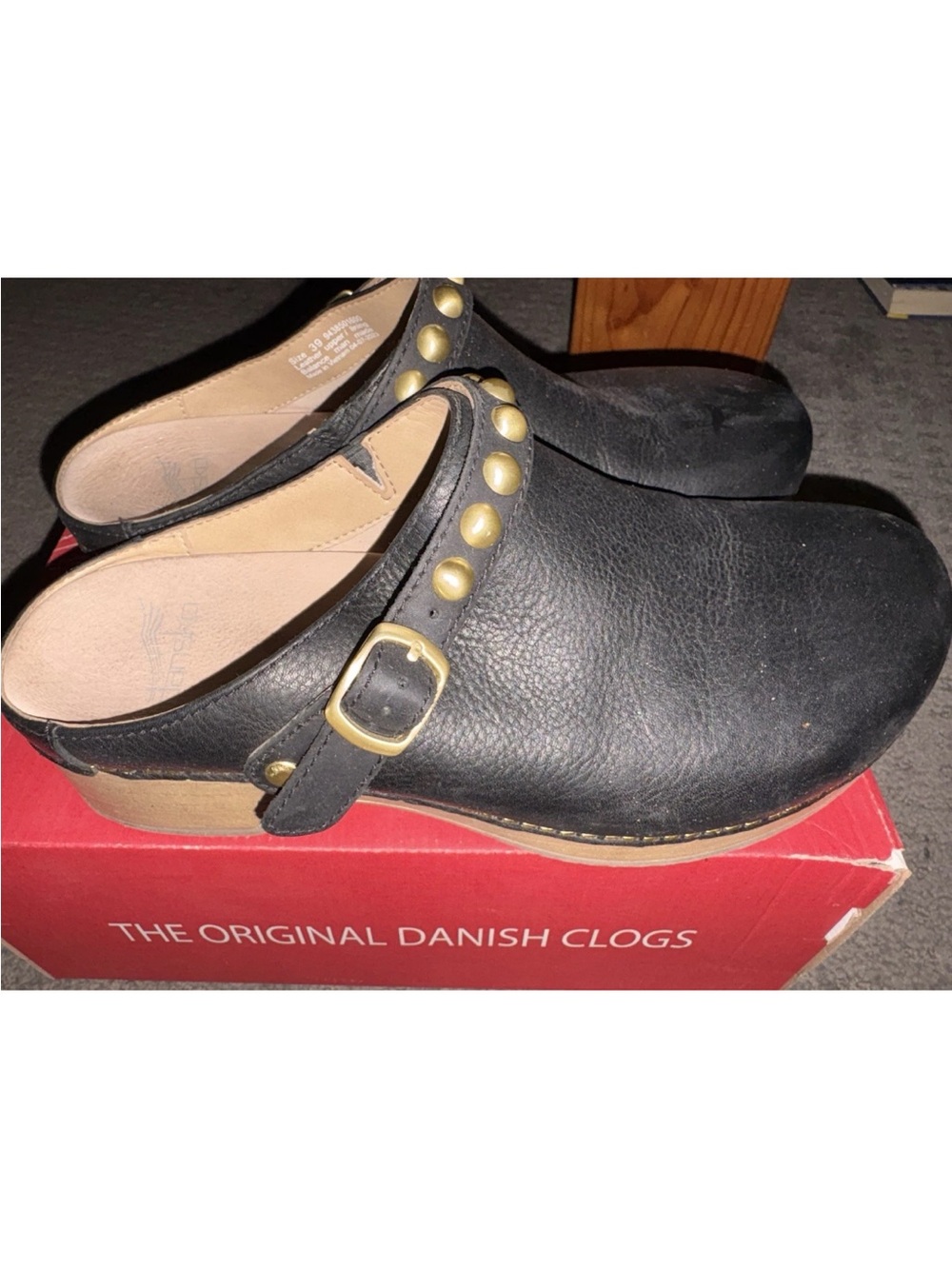 Dansko Black Leather Studded Clogs with Gold Accents - Picture 4 of 5